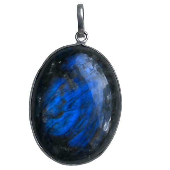 Large Oval Fire Labradorite Sterling Silver Bail Pendant - Picture 2 of 7